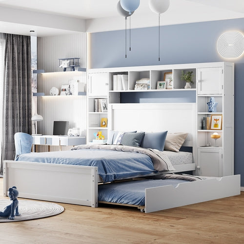 Full Size Wooden Bed With All-in-One Cabinet, Shelf and Sockets,Twin