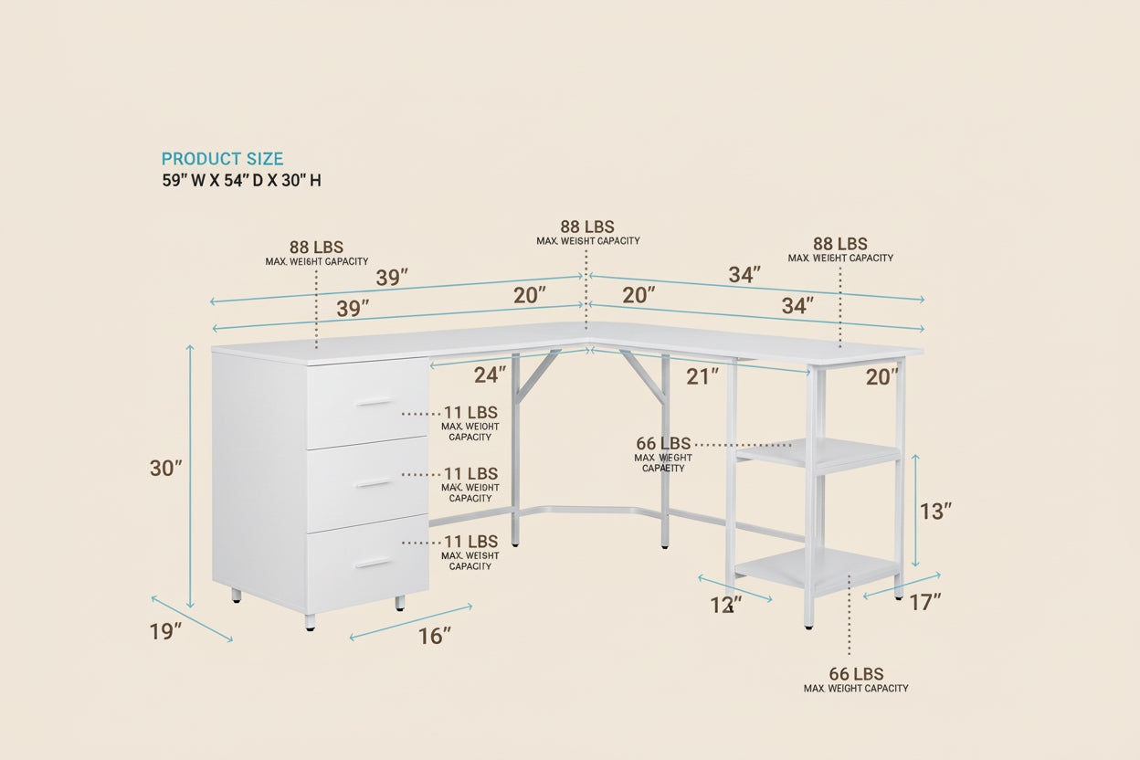 Measurement chart of a L-shaped desk with dimensions and weight capacity.