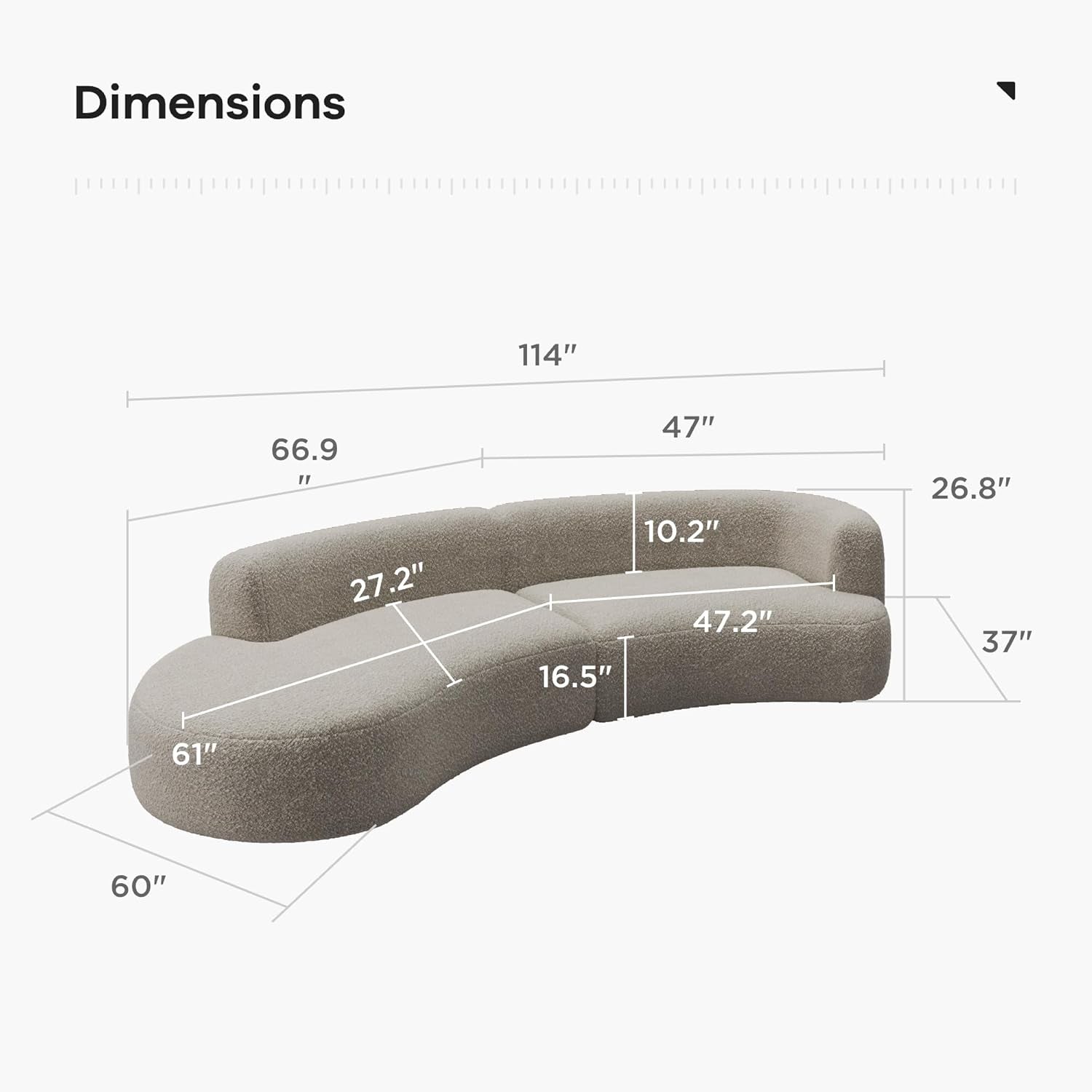 Measurement chart of a gray sofa with dimensions labeled