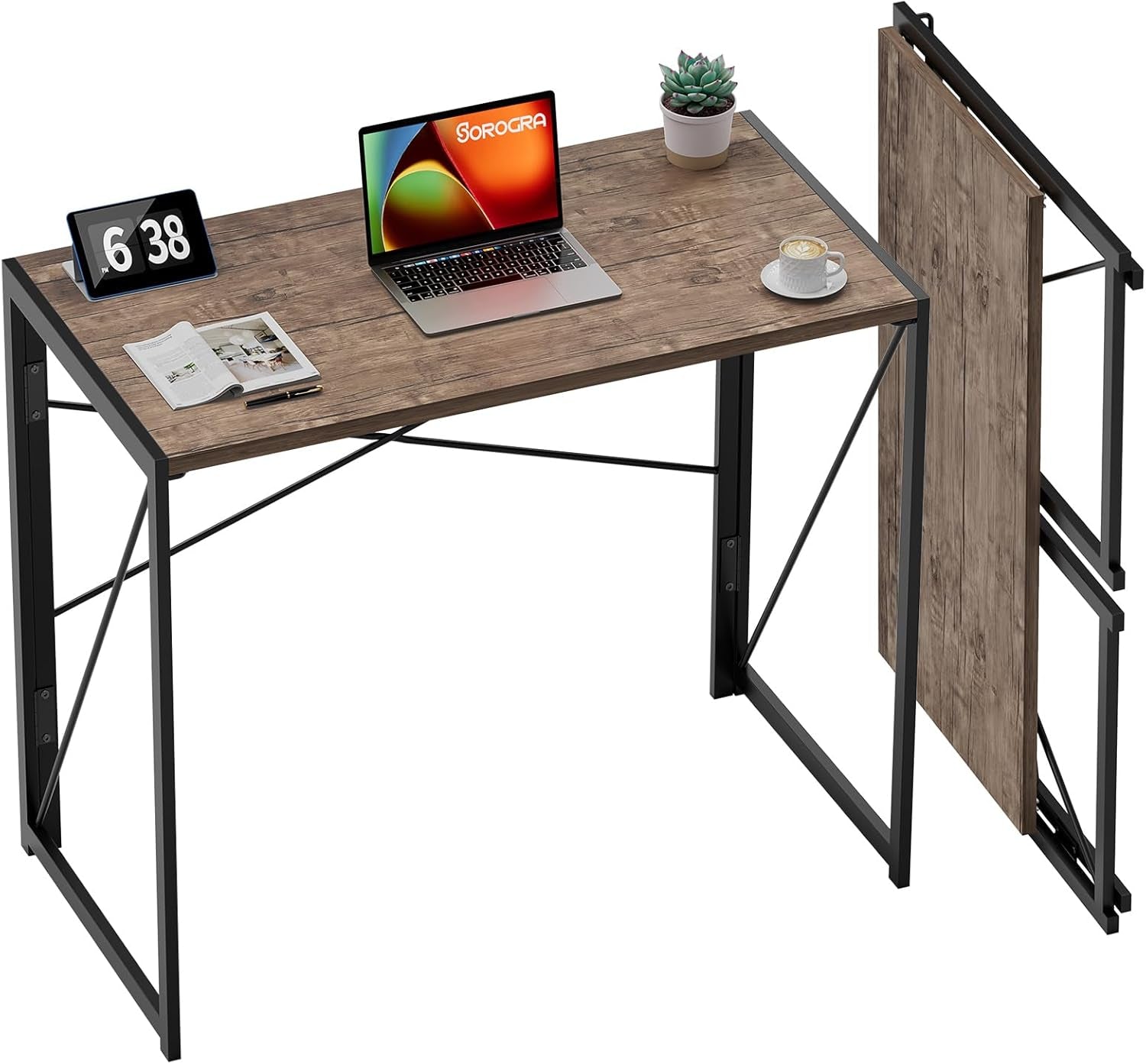 Small Folding Desk 31.5 Inch No Assembly Required Computer Desks, Spaces Saving Foldable Table for Bedroom, Home Office, Dorm, Apartment, Kids, Adults, Brown-0