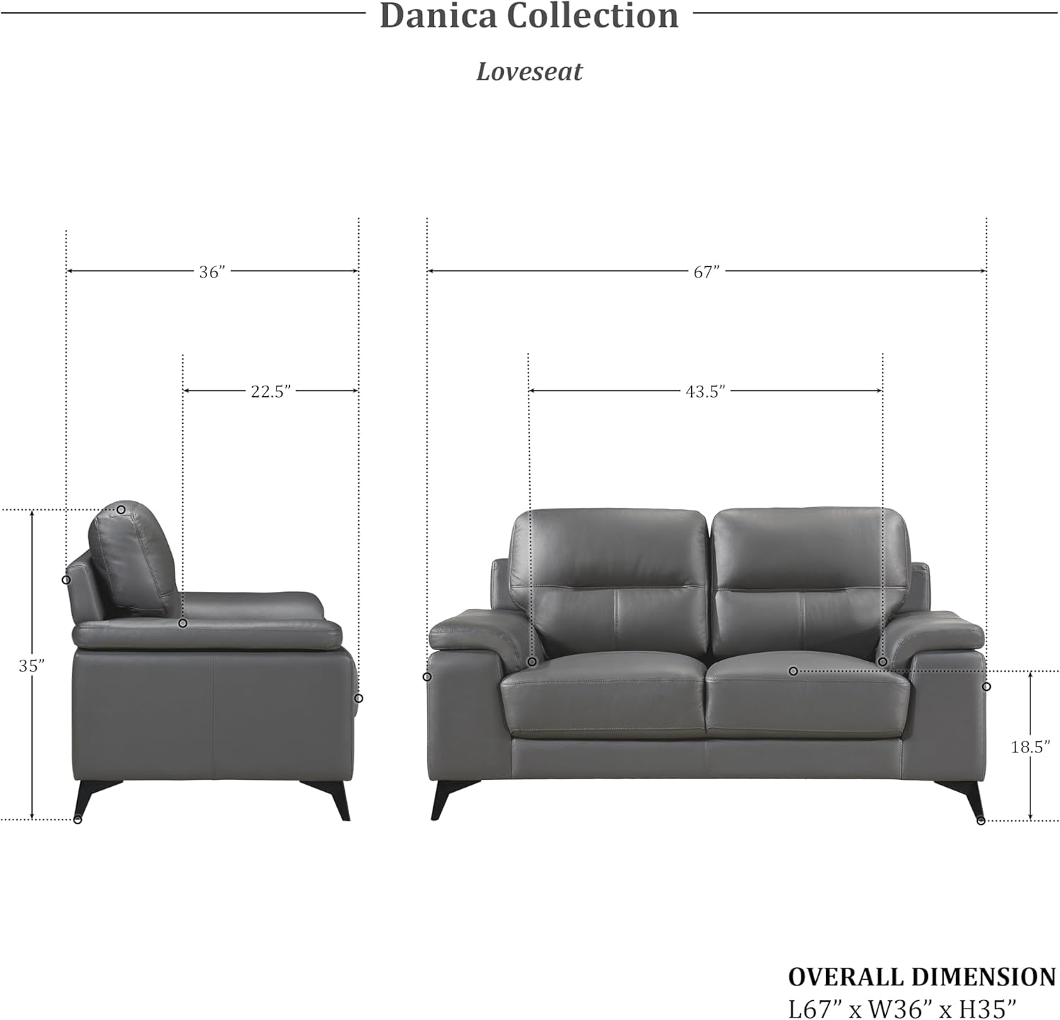 Gray loveseat and chair with dimensions labeled, featuring the Danica Collection.