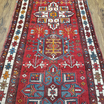 Antique Persian Heriz Karajeh Runner Rug, Red, Hand-Knotted, Wool, 3' 3" x 10' 11"-4