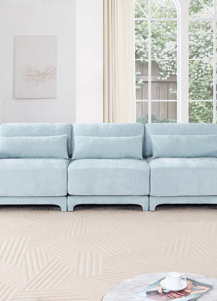 Elegant Sky Blue Three-Seater Sofa with Lumbar Pillow, Chenille Upholstery, Ergonomic Design, Wooden Base-4