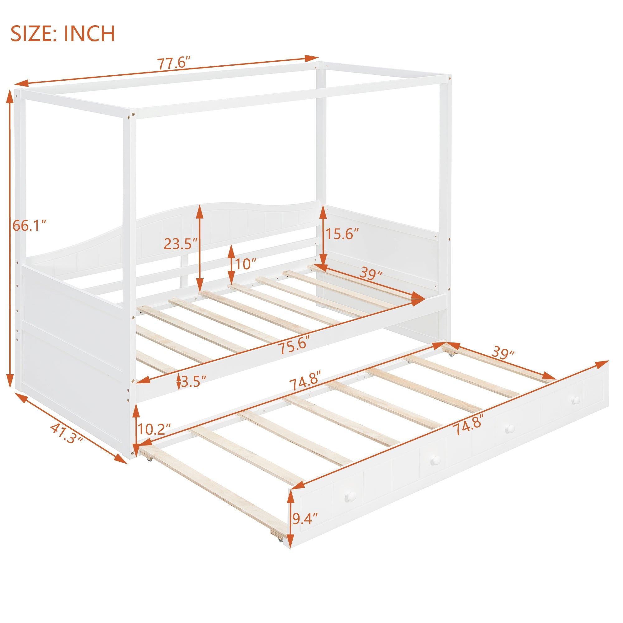 Twin Size Canopy Day Bed with Twin Size Trundle and Underbed Storage