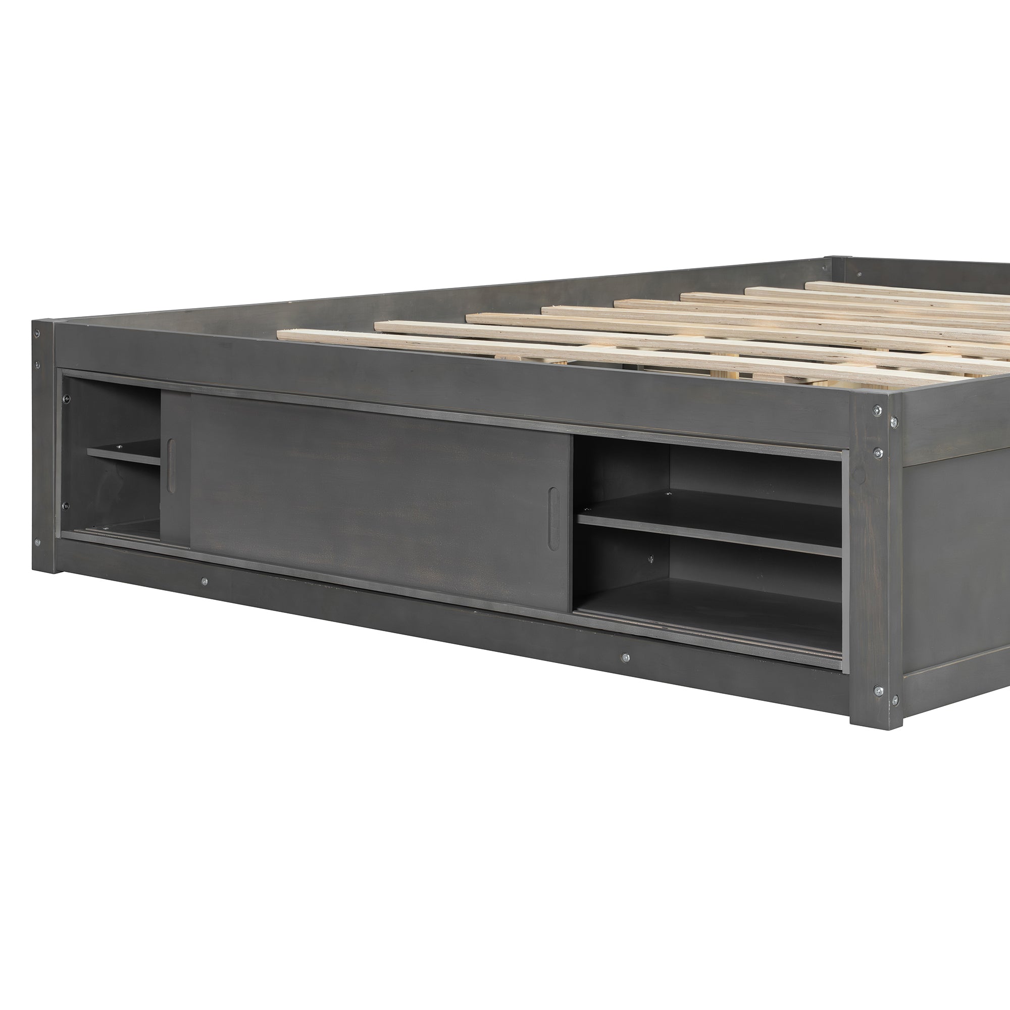 Platform Bed Frame with 4 Storage Drawers and Footboard Storage Cubby,