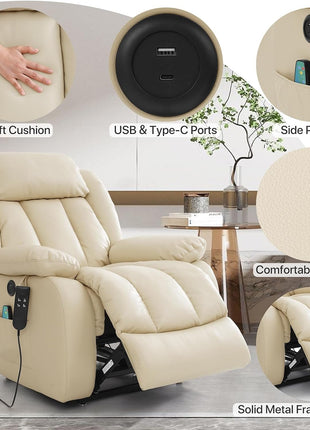 Dual Motor Large Power Lift Recliner Chair Recliners for Elderly, Infinite Position Recliner Chair with Heat and Massage, Breathable Leather(Beige)-4