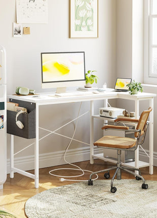 L Shaped Computer Desk with Power Outlets, 47 Inch Small Corner Desk with Reversible Shelves, Gaming Desk Computer Table Study Writing Desk for Home Office Small Space, White-1