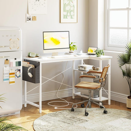 L Shaped Computer Desk with Power Outlets, 47 Inch Small Corner Desk with Reversible Shelves, Gaming Desk Computer Table Study Writing Desk for Home Office Small Space, White-1