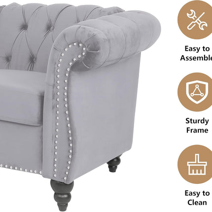 3 Piece Living Room Set, Sectional Chesterfield Sofa Chair Contemporary Upholstered Velvet Loveseat Couch Sets for Living Room, Bedroom, Office-4