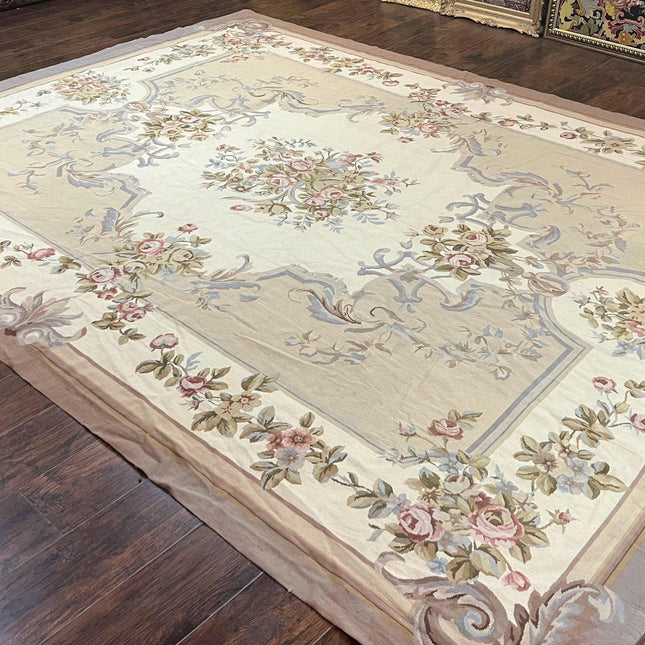 Aubusson Needlepoint Rug 9x12, VIntage Handmade Wool Beige Floral European Elegant Rug 9 x 12, Floral Roses-1
