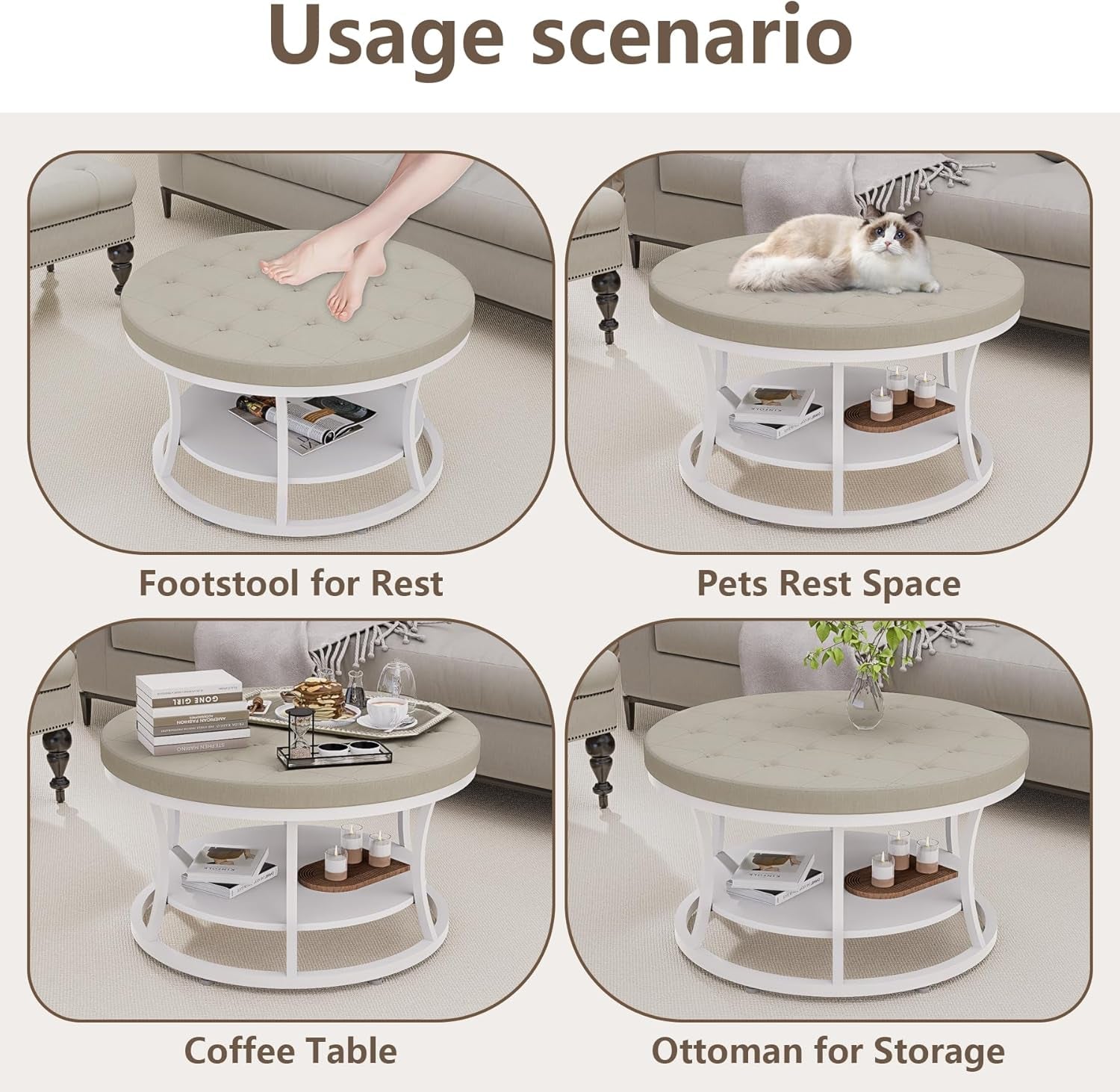 Multifunctional round table with various uses including footstool, pets rest space, coffee table, and ottoman for storage.