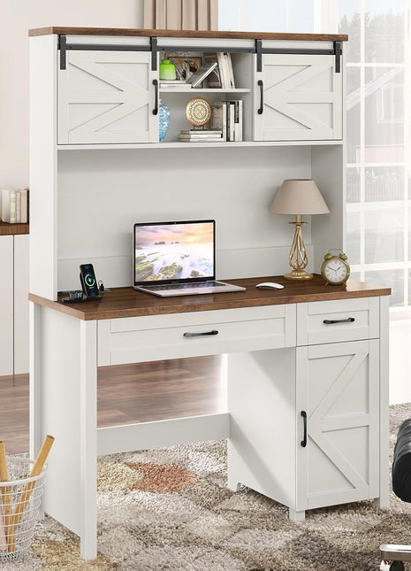 Farmhouse 47" Executive Desk, Computer Desk with Drawers and Storage Cabinet, Workstation Computer Desk with Hutch for Home Office-0