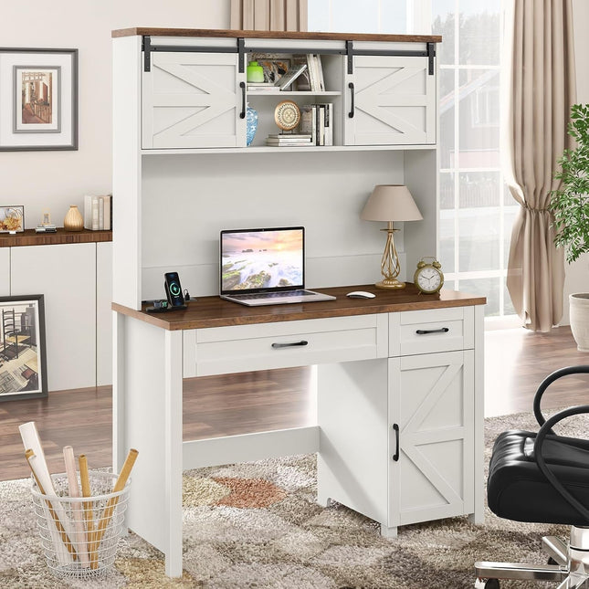Farmhouse 47" Executive Desk, Computer Desk with Drawers and Storage Cabinet, Workstation Computer Desk with Hutch for Home Office-0
