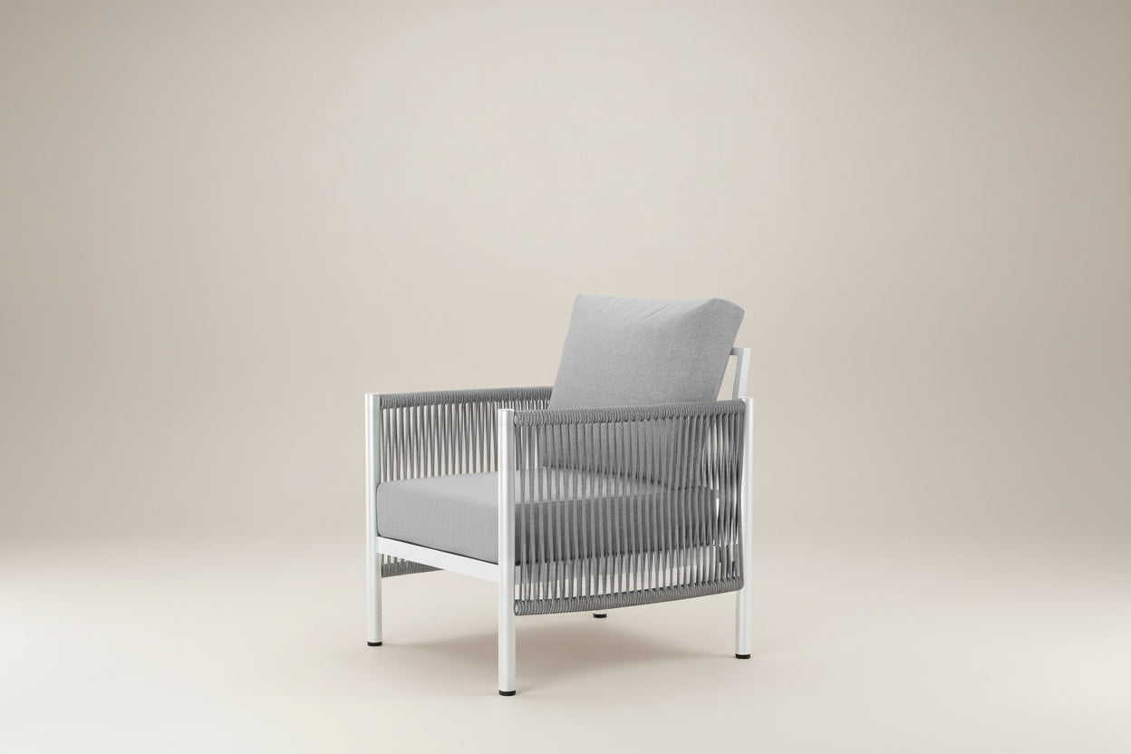 Handcrafted woven PE rope chair with product features on a white background