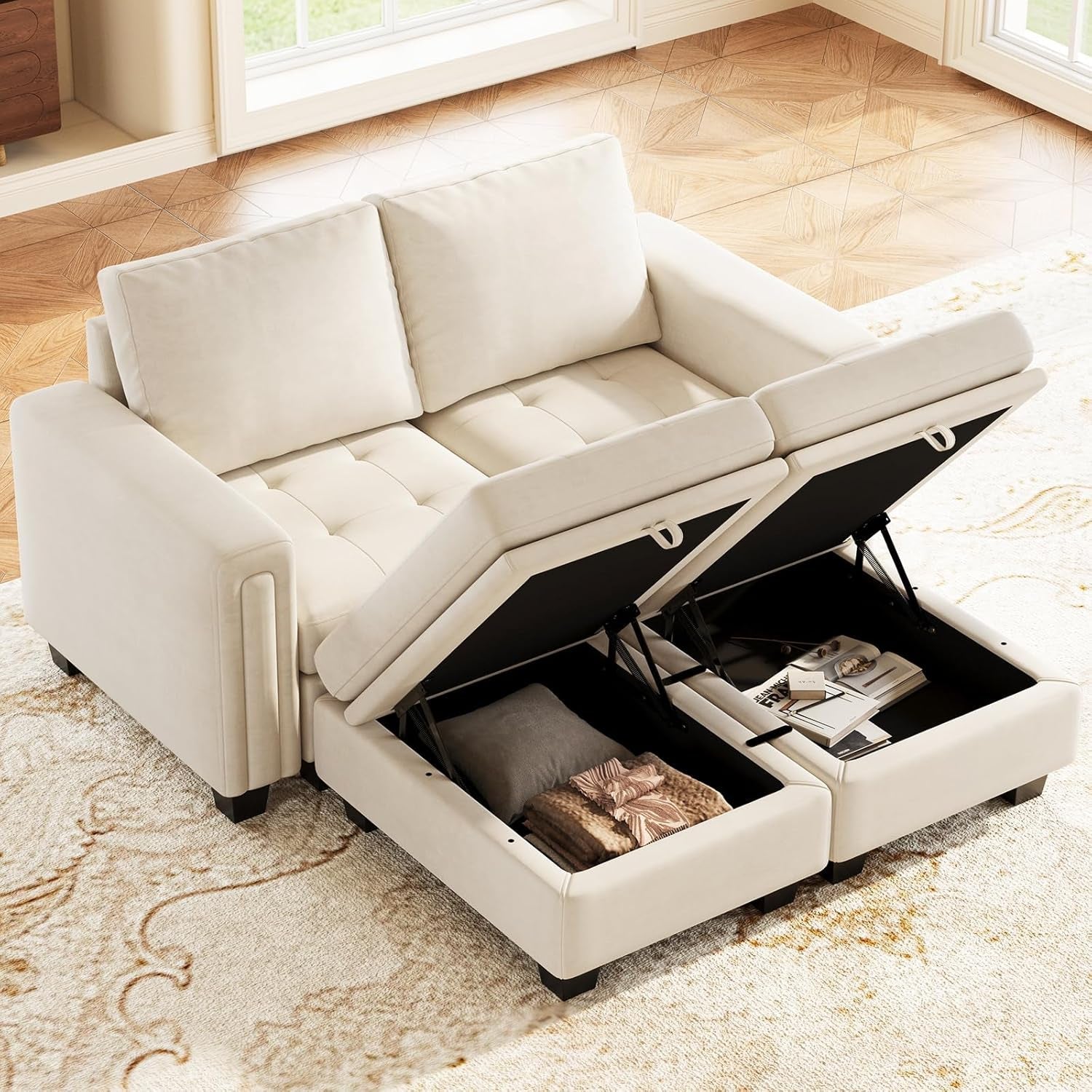 Beige Velvet Modular Sectional Sofa With Storage Sleeper-2