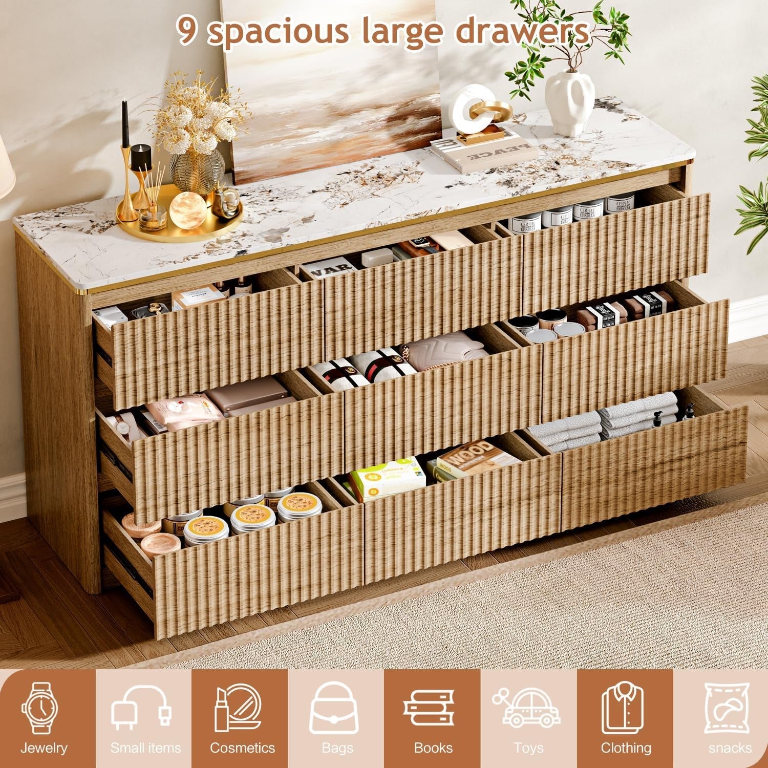 Wicker dresser with marble top in a bedroom setting, featuring '9 spacious large drawers' text.