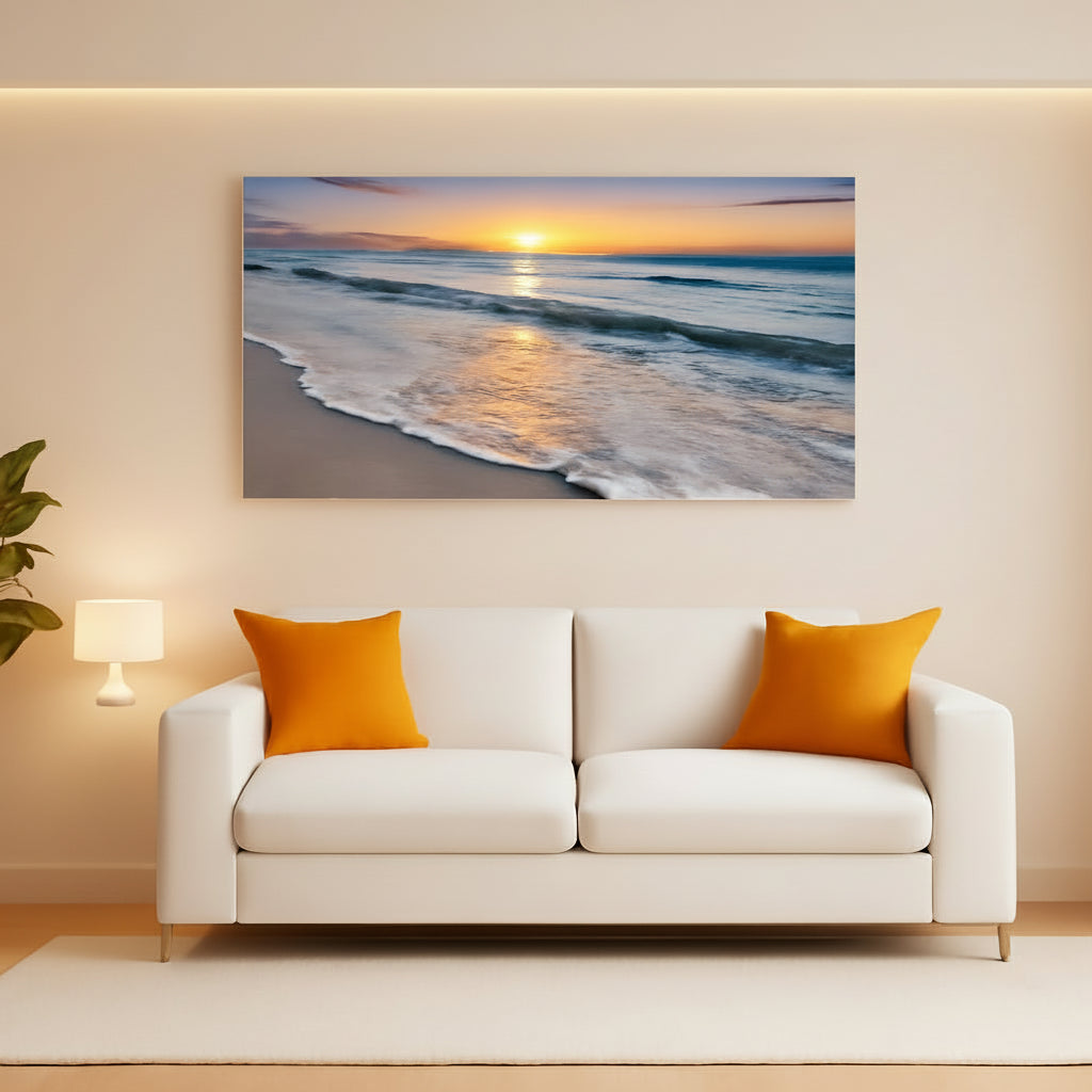 White sofa with orange cushions in a living room with a beach scene painting on the wall.