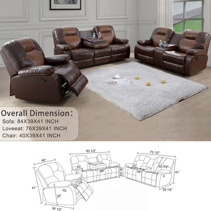 Manual Recliner Sofa Set, Bonded Leather Sofa with Recliners, Reclining Couch with Storage Console and Cup-Holders for Living Room/House/Bedroom/Office/Apartment (Brown / 3 Pieces Set)-4