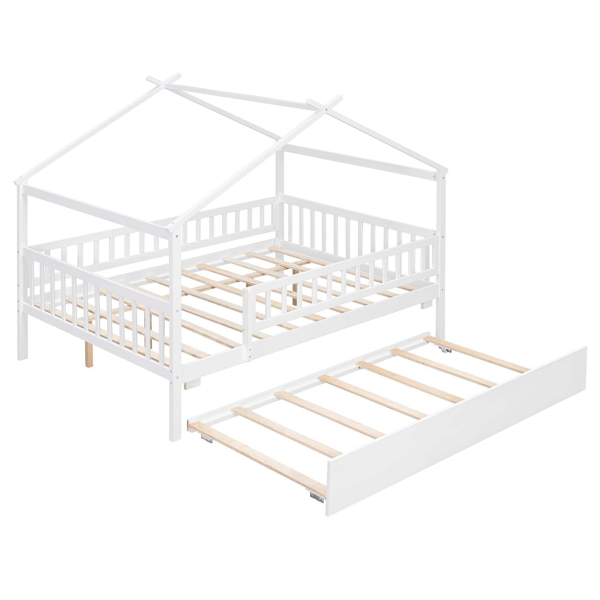 Full Size Wooden House Bed with Twin Size Trundle