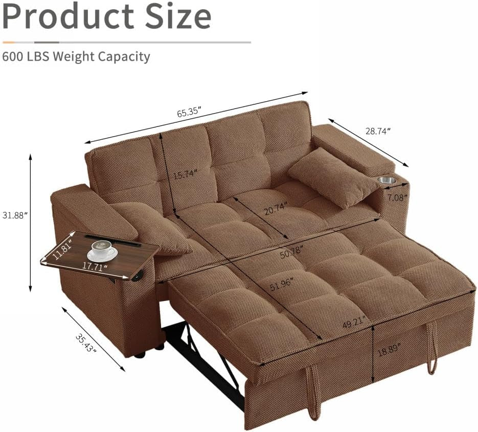 Brown sectional sofa with dimensions and weight capacity on a white background