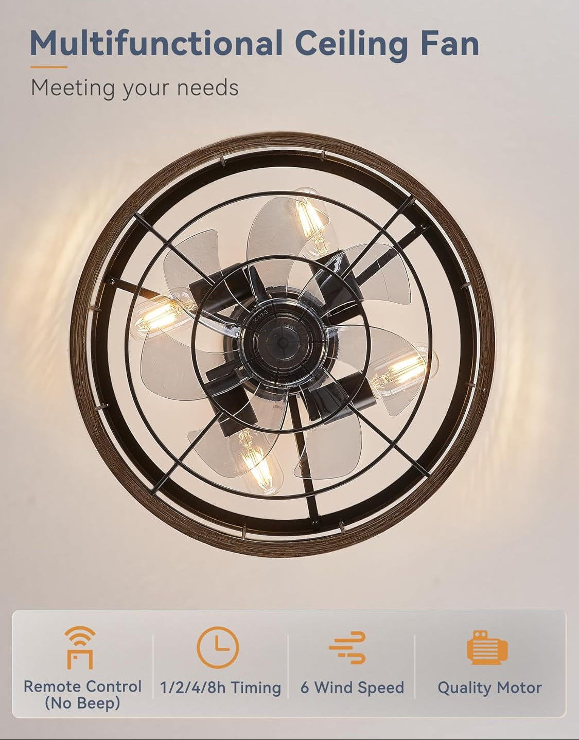 Multifunctional ceiling fan with LED light bulbs on a neutral background, featuring the brand 'LEDARY'.