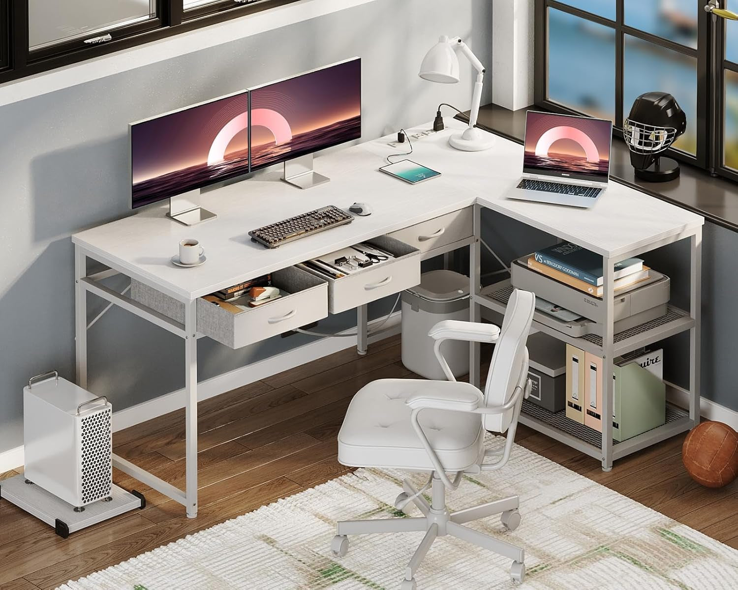 Modern home office setup with a white L-shaped desk, chair, and computer equipment.
