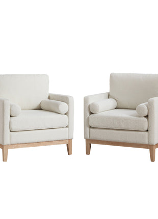 35.4' Wide Modern Farmhouse Performance Accent Chair with Natural Wood Legs, Wood Base Reading Armchair Single Sofa with Two Bolster Pillows for Living Room Offices and Lounge, Ivory Boucle.-0