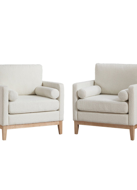 35.4' Wide Modern Farmhouse Performance Accent Chair with Natural Wood Legs, Wood Base Reading Armchair Single Sofa with Two Bolster Pillows for Living Room Offices and Lounge, Ivory Boucle.-0