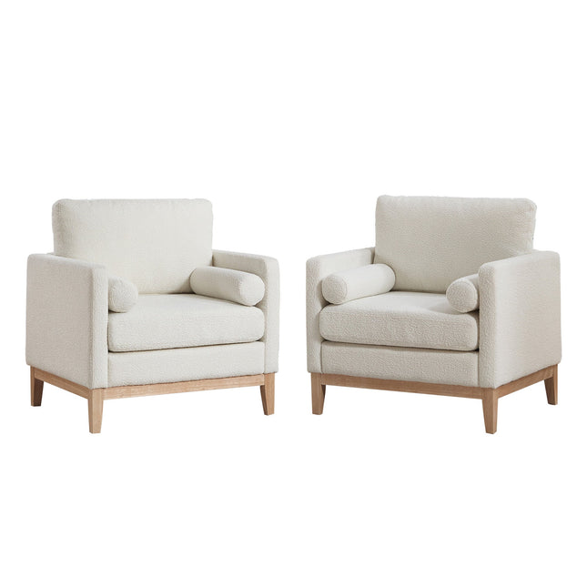 35.4' Wide Modern Farmhouse Performance Accent Chair with Natural Wood Legs, Wood Base Reading Armchair Single Sofa with Two Bolster Pillows for Living Room Offices and Lounge, Ivory Boucle.-0