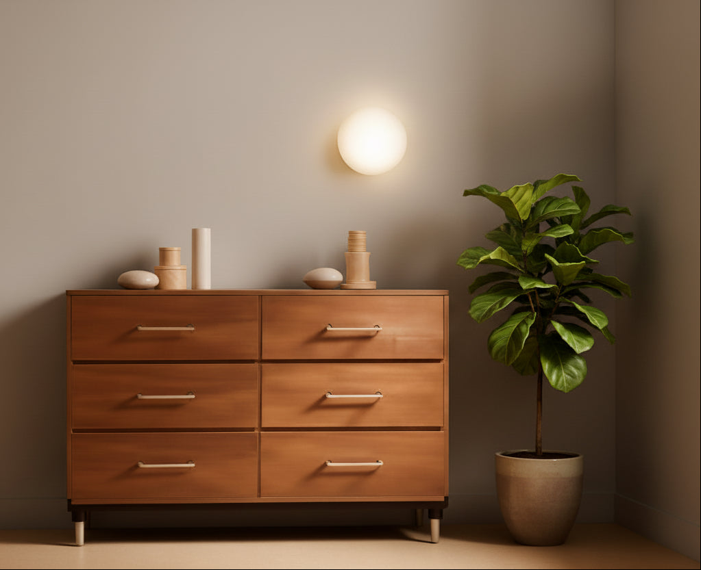 Wooden dresser with a lamp and decorative items in a warm-toned room.