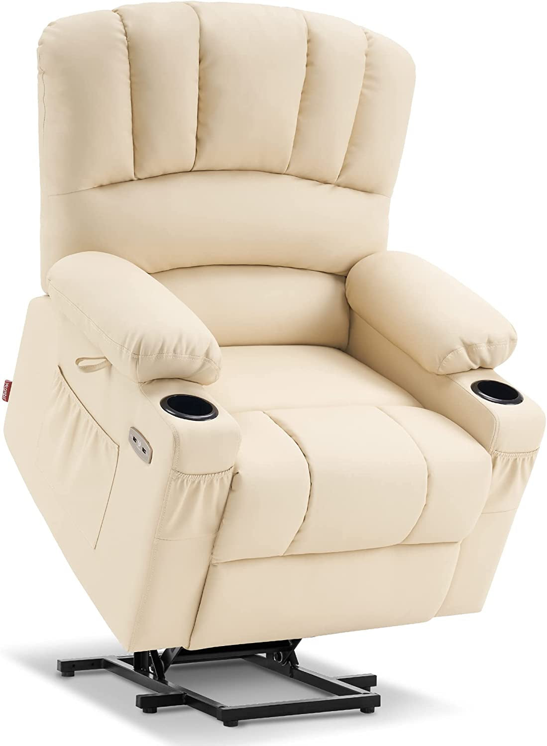 Beige recliner chair with cup holders on a white background