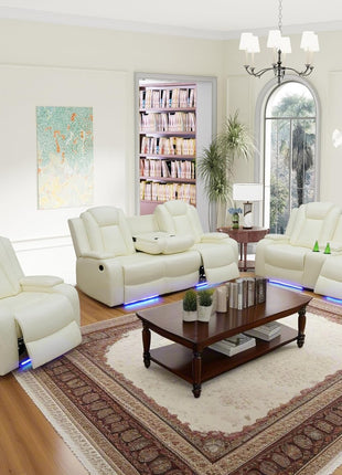 Leather Power Recliner Sofa Set with LED, Living Room Furniture Set, Leather Sofa Set with USB Port Storage Console Cup Holder (Power Reclining Sofa Set, Cream White)