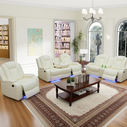 Cream White Leather Power Recliner Sofa with LED, USB, Console & Cup Holders