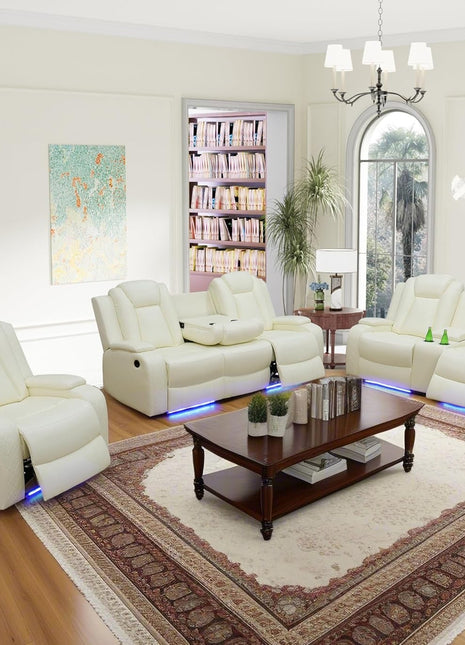 Leather Power Recliner Sofa Set with LED, Living Room Furniture Set, Leather Sofa Set with USB Port Storage Console Cup Holder (Power Reclining Sofa Set, Cream White)