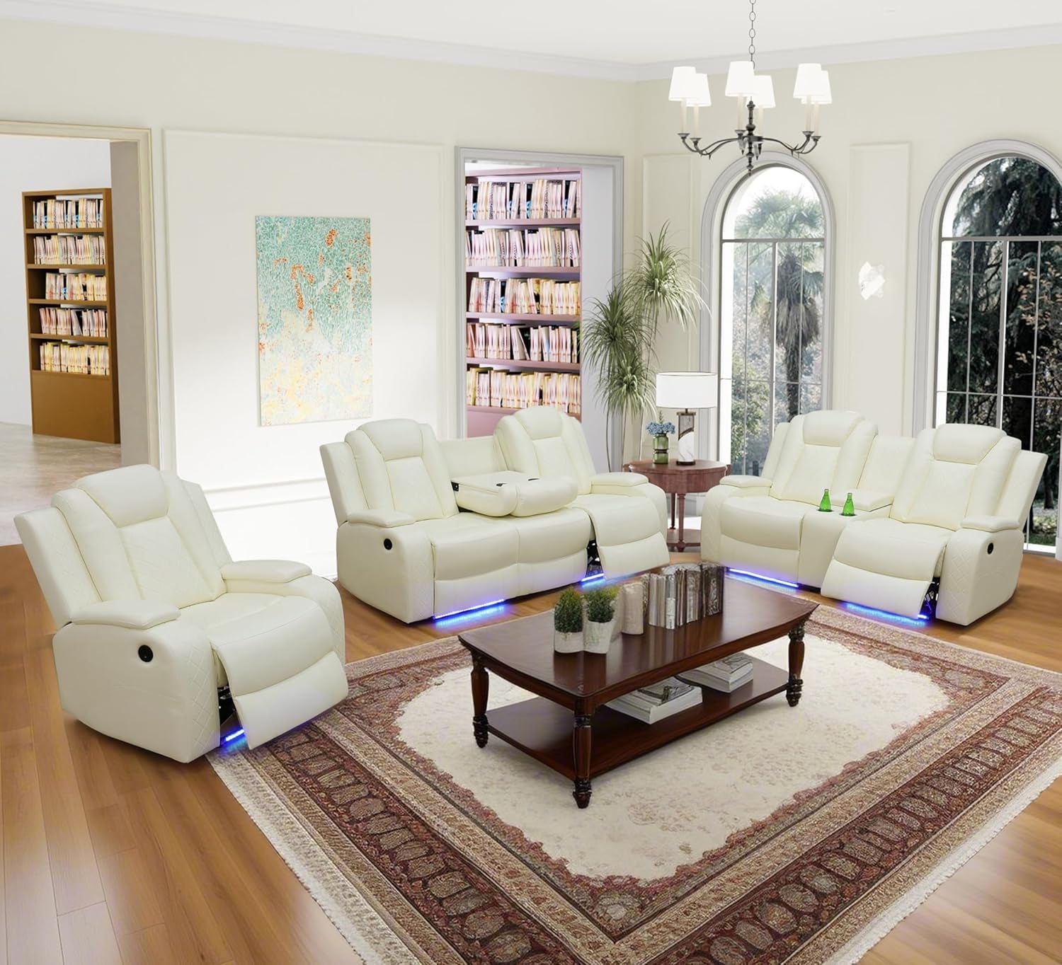 Modern living room with white recliner chairs and a wooden coffee table.