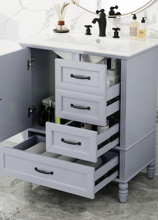 30' Bathroom Vanity with Sink, Bathroom Cabinet with A Door, Three Drawers, Solid Wood Legs & MDF Board, Adiustable Foot Pads, Grey (Other Color: N725P195409K)-1