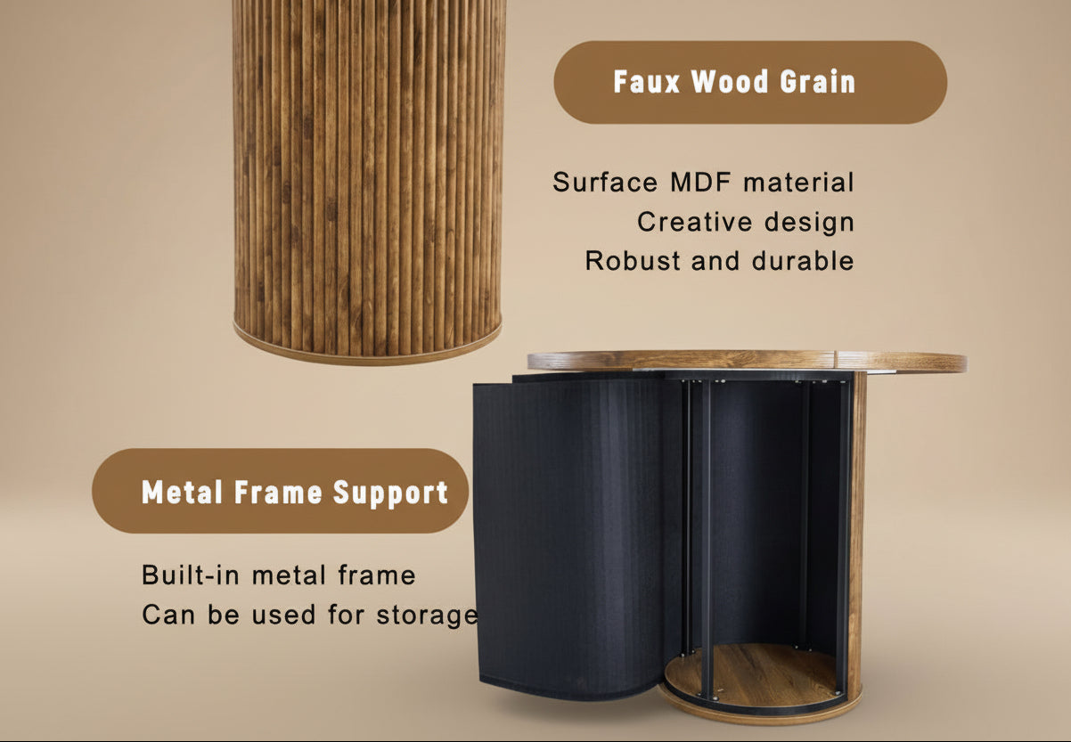 Product with faux wood grain surface and metal frame support, featuring text on material and design.