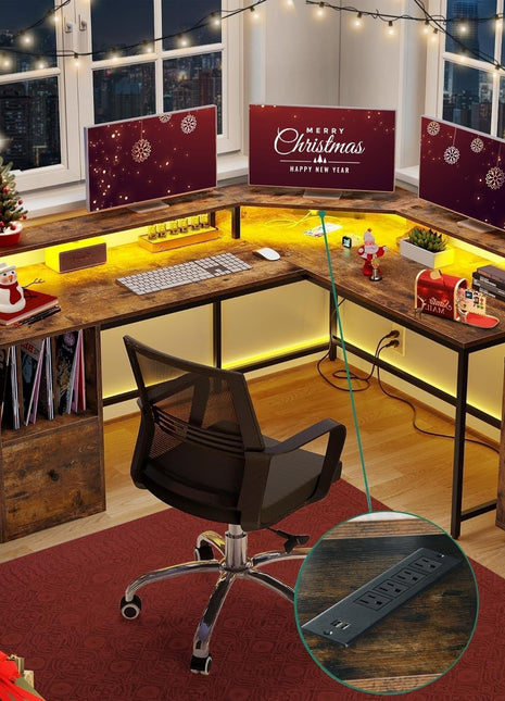 L Shaped Desk with Power Outlets & LED Lights, 67" Computer Desk with File Drawer, Corner Desk Home Office Desk with Monitor Stand & 3 Cubbies Storage Shelves, Rustic Brown-0