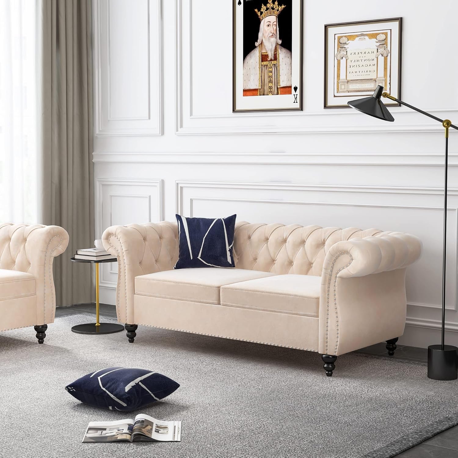 Beige Velvet Sectional Sofa Set With Button Tufting-4
