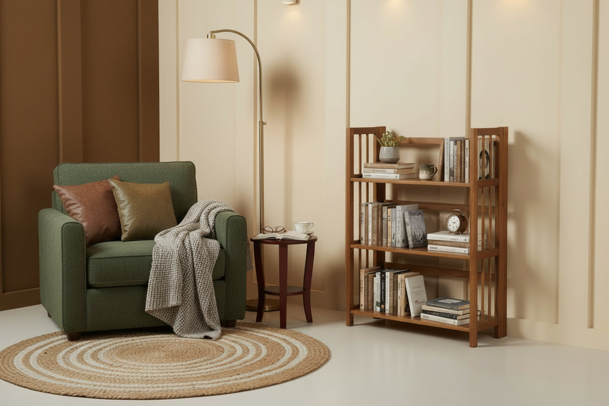 Wooden bookshelf with dimensions on a white background