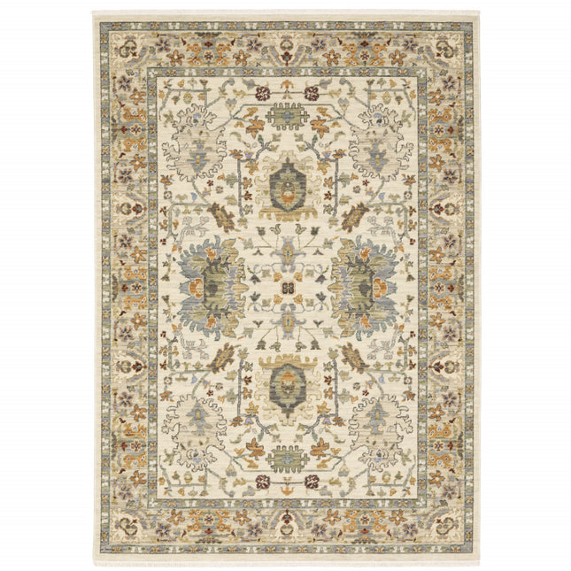 10' X 13' Ivory Oriental Power Loom Stain Resistant Area Rug With Fringe-1