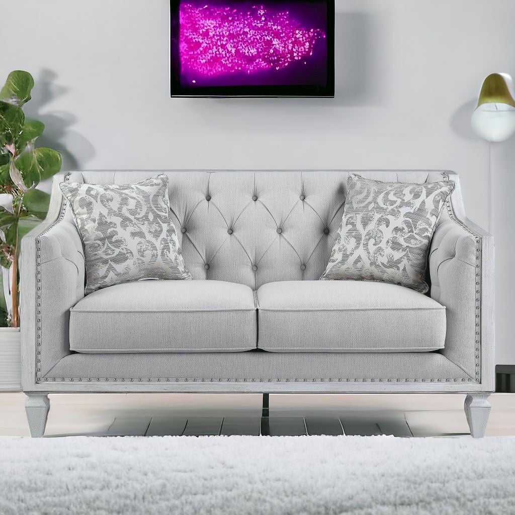 61" Light Gray And Off White Loveseat and Toss Pillows-1