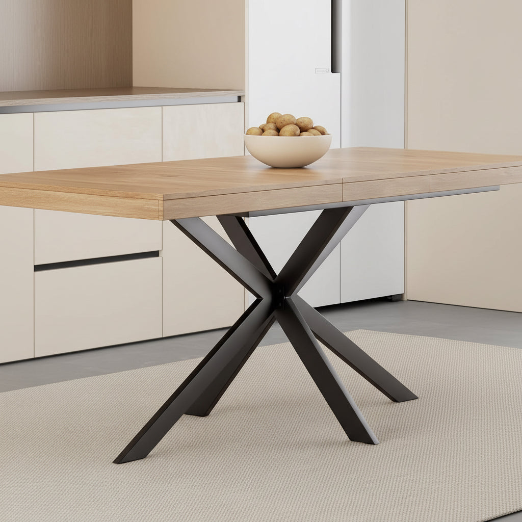 Wooden table with black metal legs in a kitchen setting, featuring strong metal feet, stable triangular design, and rotatable foot pads.
