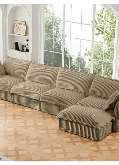 Slipcovered L Shape Sectional Long Sofa Couch, 4 Seater Sofa with Suppleness Armrests,Deep Seat Sofa with 2 Big Pillows, Comfy Couch for Living Room, Apartment, Camel Corduroy Fabric-0