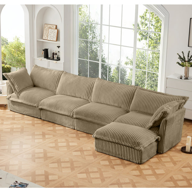 Slipcovered L Shape Sectional Long Sofa Couch, 4 Seater Sofa with Suppleness Armrests,Deep Seat Sofa with 2 Big Pillows, Comfy Couch for Living Room, Apartment, Camel Corduroy Fabric-0
