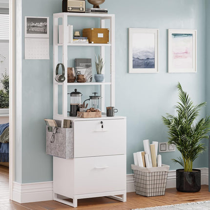 2 Drawer File Cabinet, Filing Cabinet with Lock Fits Letter, Legal, A4 Size, File Cabinets for Home Office with Storage Bag, Open Shelf and Hook, White
