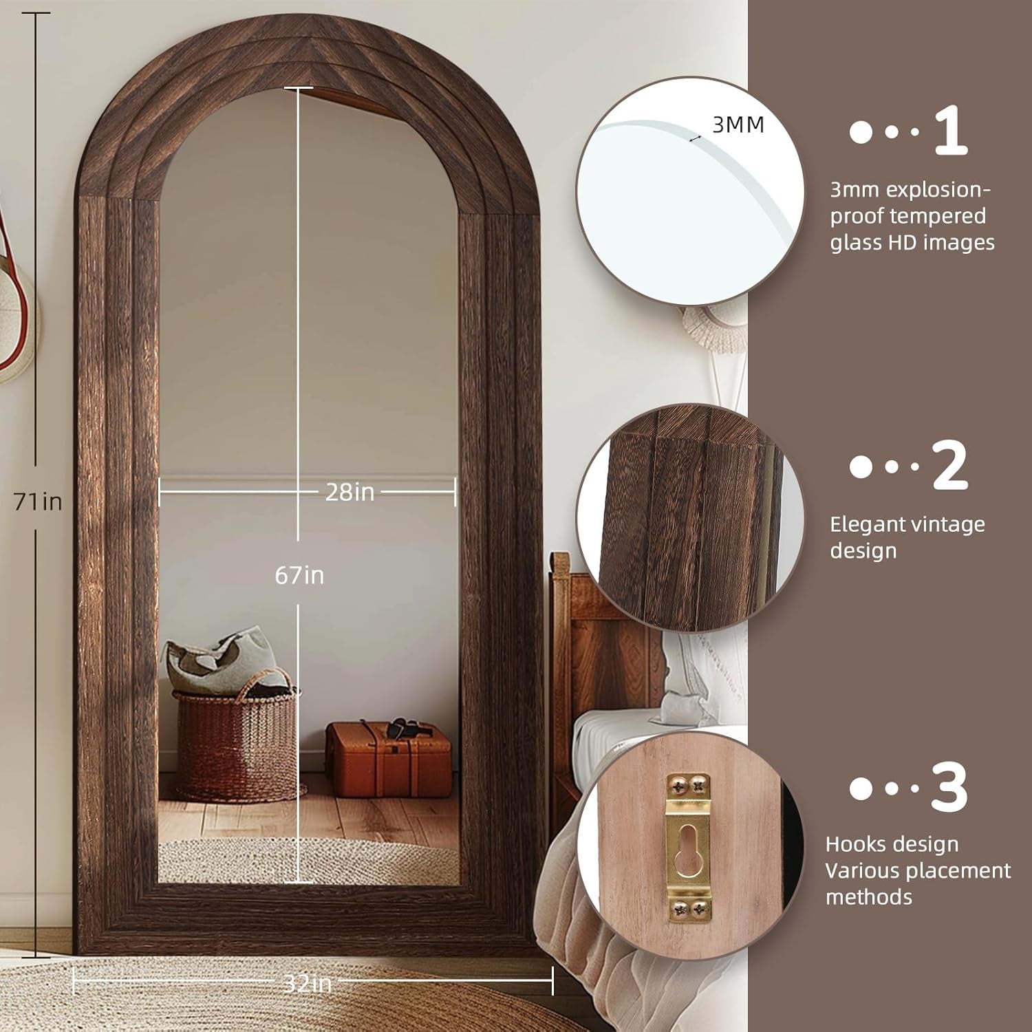 Wooden-framed mirror with measurements and design details on a neutral background
