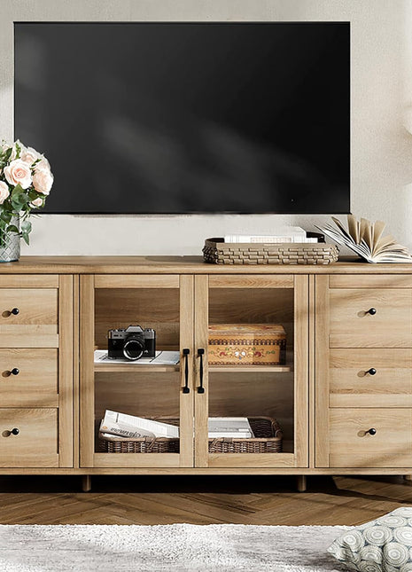 Glass Door Farmhouse TV Stand for Tvs up to 75 Inch, Wood Universal TV Console Table with 4 Storage Cabinets, Entertainment Center for 32-75 Inch TV Console Cabinet, 58'',Oak