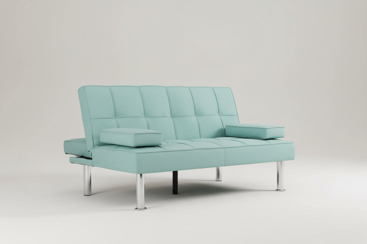Linen Folding Futon Sofa Bed Aqua With Removable Armrests-2