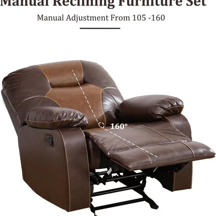 Manual Recliner Sofa Set, Bonded Leather Sofa with Recliners, Reclining Couch with Storage Console and Cup-Holders for Living Room/House/Bedroom/Office/Apartment (Brown / 3 Pieces Set)-3